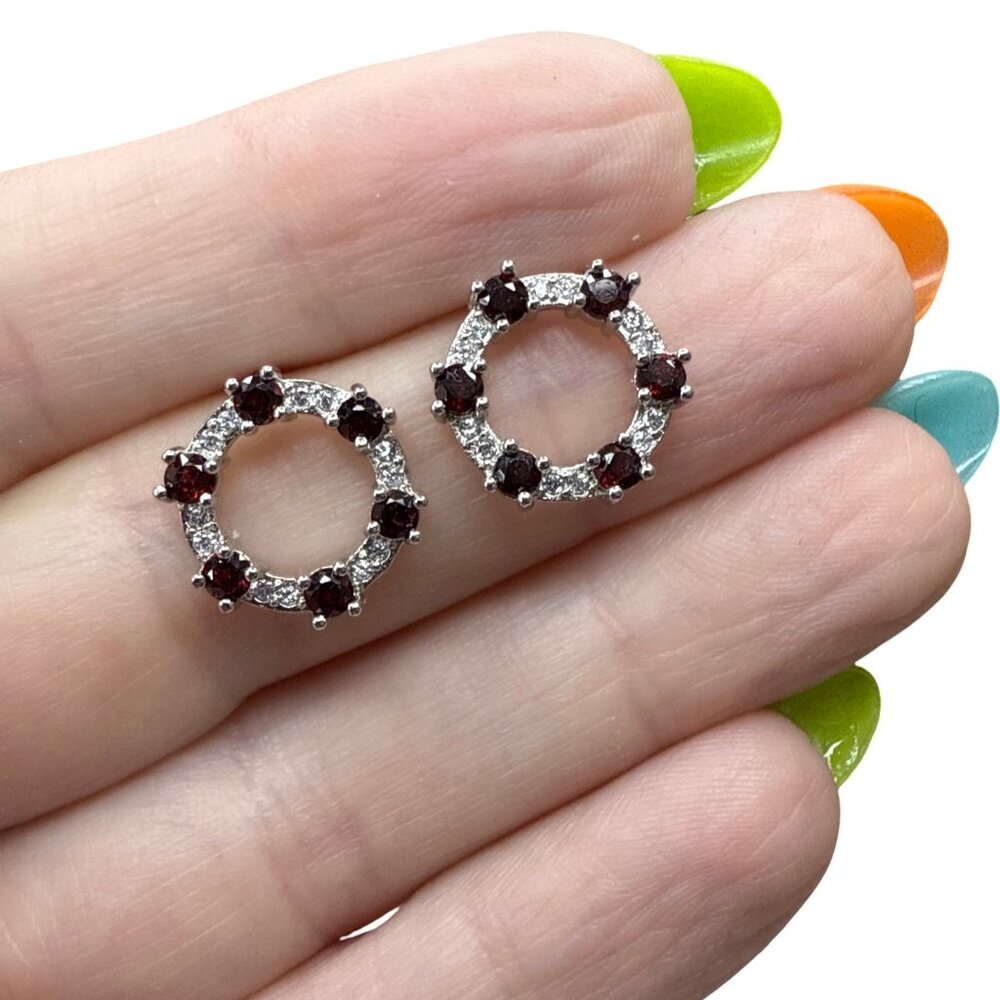 Garnet Red Round circle stud earrings gemstone jewelry fashion accessories NEW